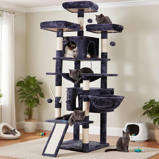 Hey-brother Cat Tree, 71 inches XL Large Cat Tower for Indoor Cats, Multi-Level Cat House with 3 Padded Perches, Big Scratcher, Cozy Basket, 2 Cat Condos and Scratching Posts, Smoky Gray MPJ034G