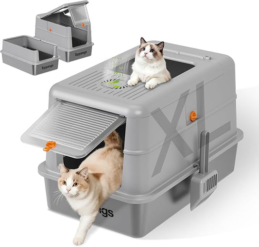 Stainless Steel Litter Box with Lid, 135° Flip-Top Design Metal Enclosed Litter Box for Big Cat, Breeze Litter Box System with Anti-Leakage High Sides, Large Cat Lovers Gifts（Gray）