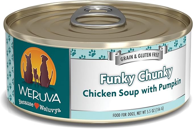 Weruva Classic Dog Food, Funky Chunky Chicken Soup with Chicken Breast & Pumpkin in Gravy, 5.5oz Can (Pack of 24), Blue