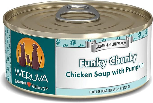 Weruva Classic Dog Food, Funky Chunky Chicken Soup with Chicken Breast & Pumpkin in Gravy, 5.5oz Can (Pack of 24), Blue