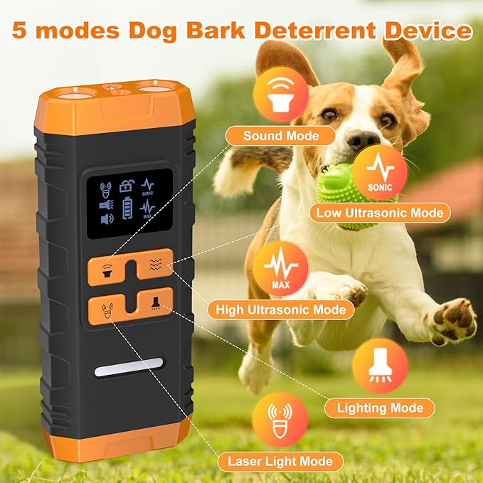 Dog Bark Deterrent Device, 2025 Anti Barking Device for Dogs 2X Ultrasonic to Stop Barking Neighbors Dog, 5 Adjustable Modes Up to Dogs 50ft Long Range, Bark Control Indoor Outdoor with Flashlight