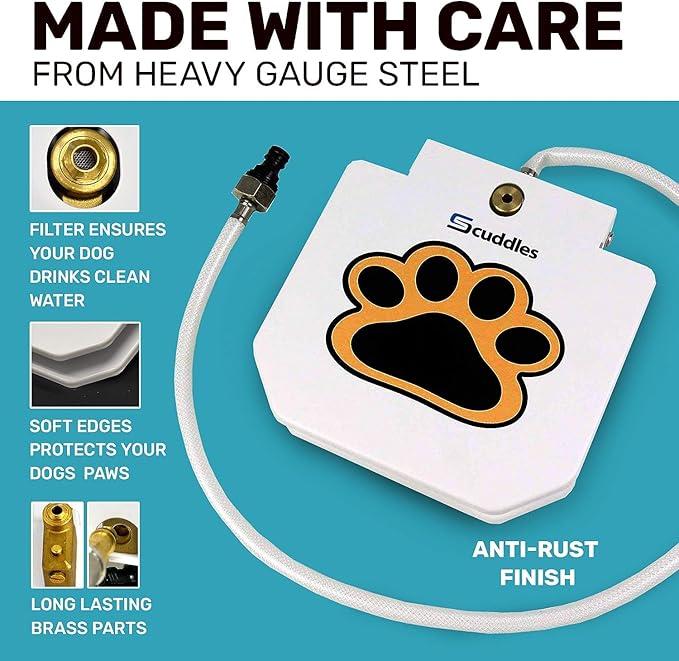 Scuddles Outdoor Dog Water Fountain – Step-On Sprinkler Toy with Stainless Steel Braided Hose, Copper Valve & Non-Slip Base, Easy Activation Hydration Station for Small, Medium & Large Dogs