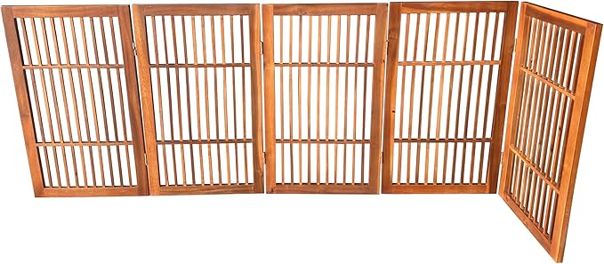 Pet Dog Gate Strong and Durable Freestanding Folding Acacia Hardwood Portable Wooden Fence Indoors or Outdoors by Urnporium (Brown Pet Gate, 5 Panel 30" Tall)
