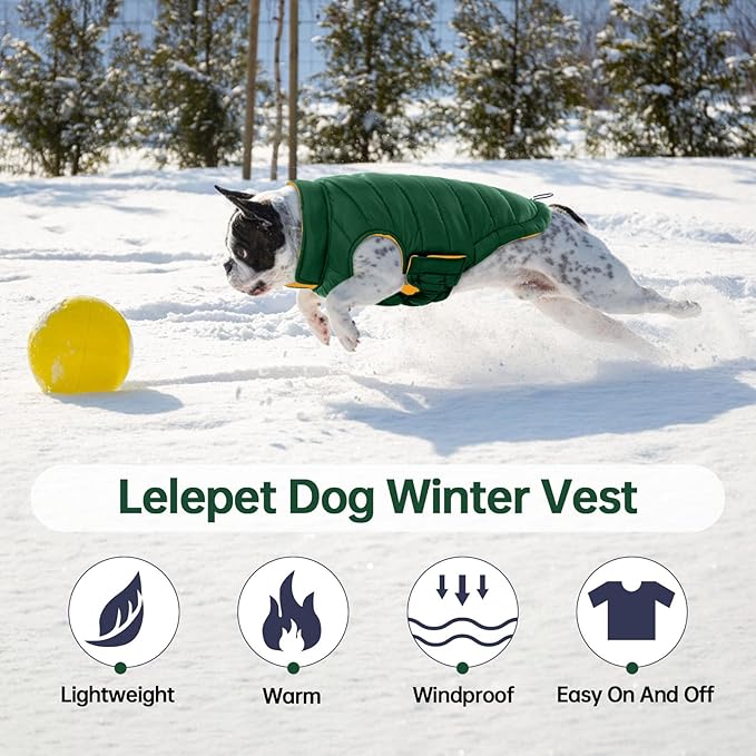 Lelepet Reversible Dog Coat Waterproof Dog Jacket Windproof Puffer Vest for Winter Warm Lightweight Coats for Small Dogs Adjustbale Hook & Loop Pet Apparel with Leash Hole, Chihuahua, Green, XS