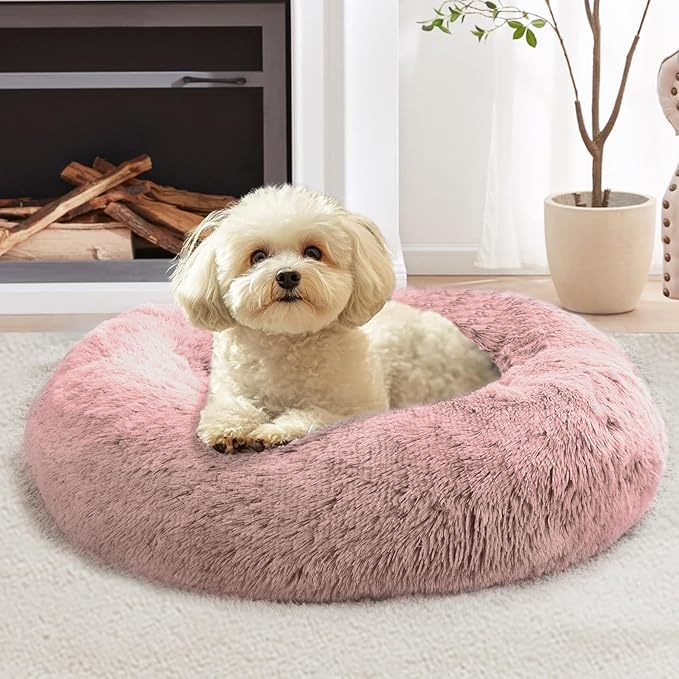 JOLLYVOGUE Calming Dog & Cat Bed for Large Dogs, Anti-Anxiety Donut Cuddler Cozy Soft Round Bed with Anti-Slip Bottom, Fluffy Faux Fur Plush Cushion Beds for Medium Dogs (36")