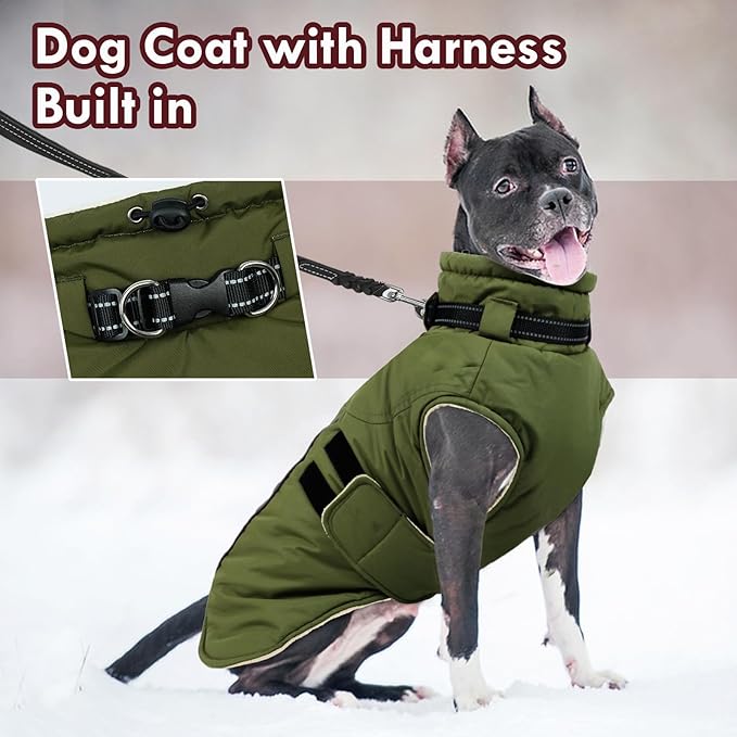 Dog Coats for Extra Large Dogs Winter Waterproof Jacket with Harness Reflective Adjustable Hook&Loop Snowsuit for Cold Weather, Warm Snow Jackets for Dogs Great Dane Saint Bernard, 5XL Green