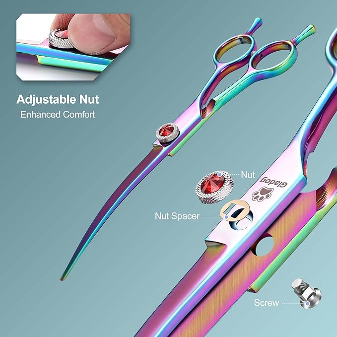 GLADOG 7 Inch Professional Dog Grooming Scissors Kit, Titanium Dog Scissors for Grooming, Heavy-Duty Dog Shears for Grooming, 6-in-1 Pet Grooming Scissors for Dogs (Pro Rainbow)