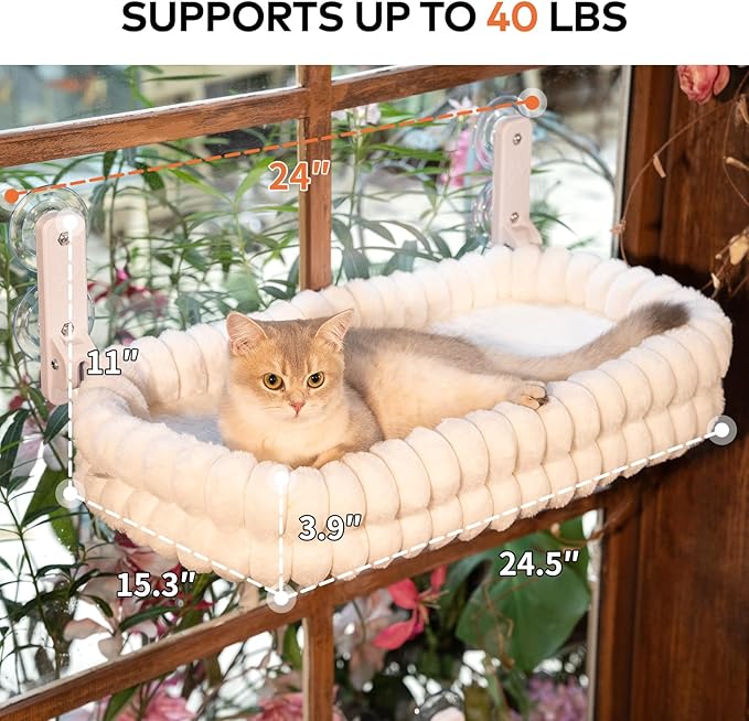 CHEERPALS Cat Window Perch for Indoor Cats Hammock for Window with Reversible Cushion, Foldable Cat Window Bed for Large Cats and Kittens(White,Medium)