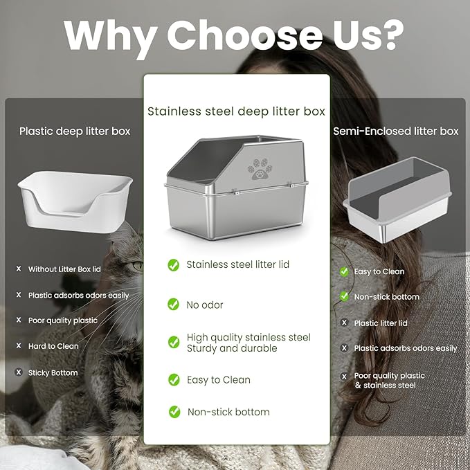 KPWACD Enclosed Stainless Steel Cat Litter Box with Lid, XL Extra Large Non-Stick Metal Litter Pan for Big Cats, High-Sided Kitten Toilet Enclosure, Non-Stick, Anti-Leakage, Easy Cleaning