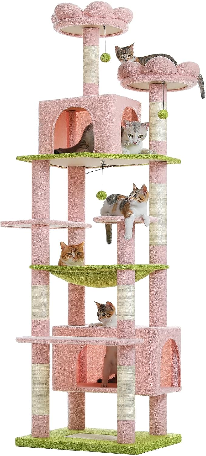 PAWZ Road Flower Cat Tree for Large Cats, 81 Inches Pink Tall Cat Tower with 2 Perches, 2 Condos and Spacious Hammock, XL Extra Large Condo with 7 Scratching Posts for 20lb+ Adult Cats