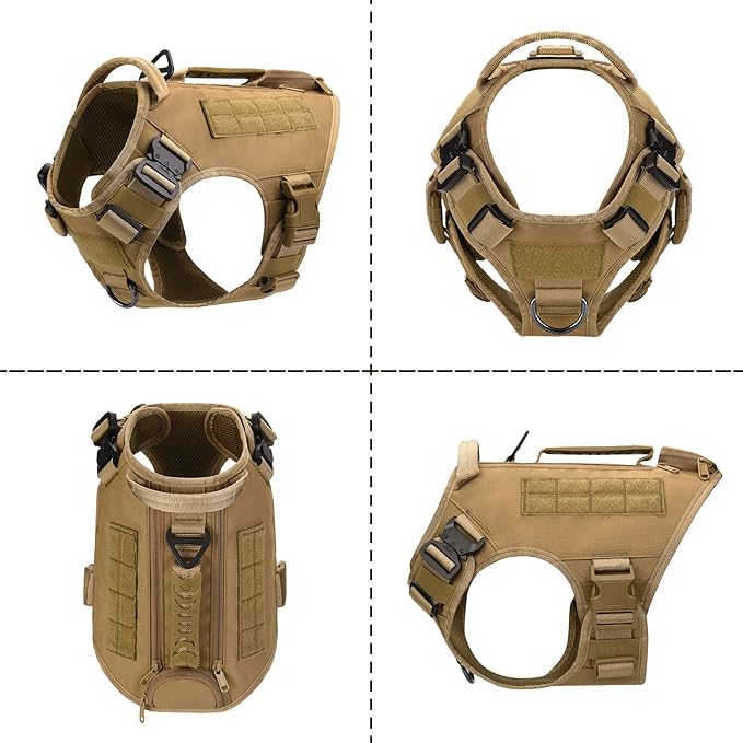 Tactical Dog Backpack Harness for Large Breed Original Design Metal Buckle Vest with Side Bags Pouches for Service Working Training (Khaki (Vest only), M)