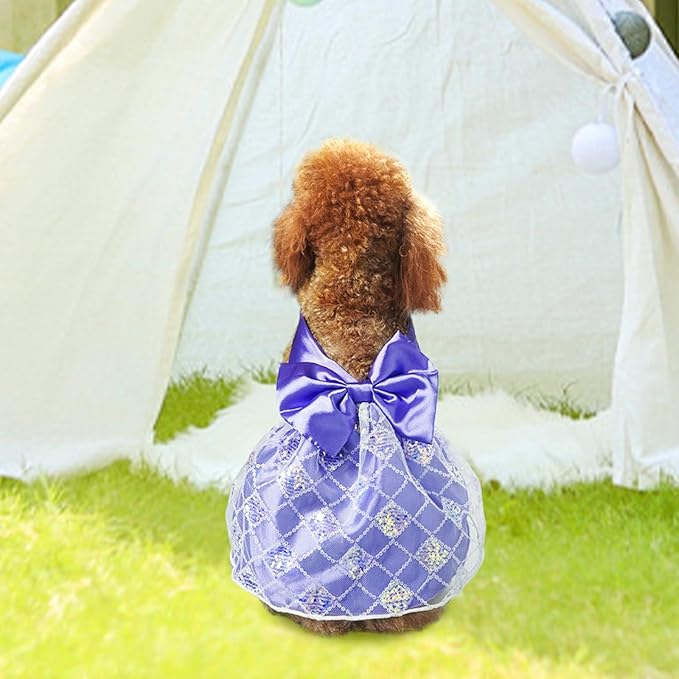 Dog Dress, Puppy Summer Dress, Cute Dogs Outfit with Bow Tie, Cute Doggy Skirt, Dogs Holiday Skirt for Medium Small Dog, Purple L