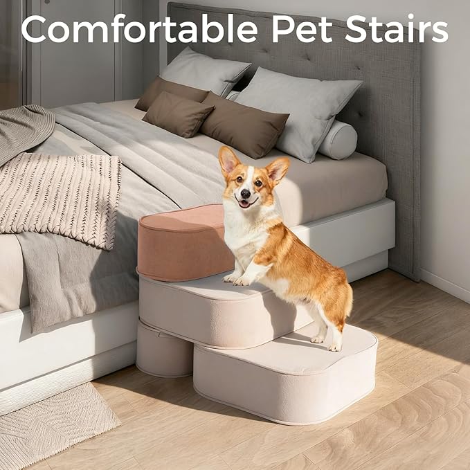 Dog Stairs for High Beds 16" H 3-Step Pet Steps Non-Slip Balanced with Washable Cover and Suitable Durable High Density Foam for Small Dogs Cats or Senior Dogs with Arthritis
