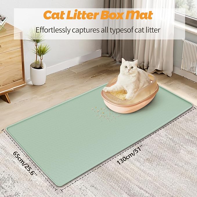 Cat Litter Mat, Extra Large 51" x 25.6" Silicone Mat Litter Trapping Mat for Scatter Control, Soft on Kitty Paws, Easy to Clean (Green)
