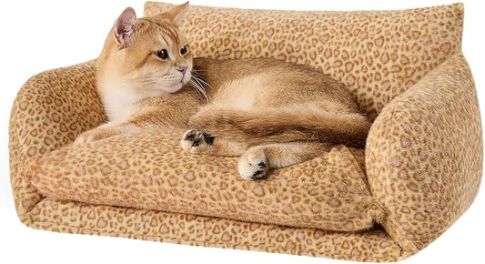 Hollypet Cat Bed Fluffy Plush Mutifuctional Double-Layer Soft Pet Couch Orthopedic Sofa Nest Beds for Small Cats and Dogs, Yellow Leopard (21x15x8 inch)