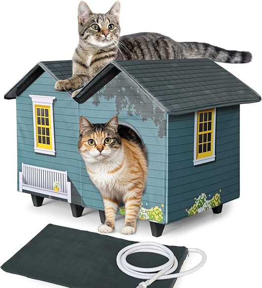 Heated Cat Houses for Indoor/Outdoor Cats with Elevated Heated Cat Bed Providing Safe Feral Cats, Easy to Assemble