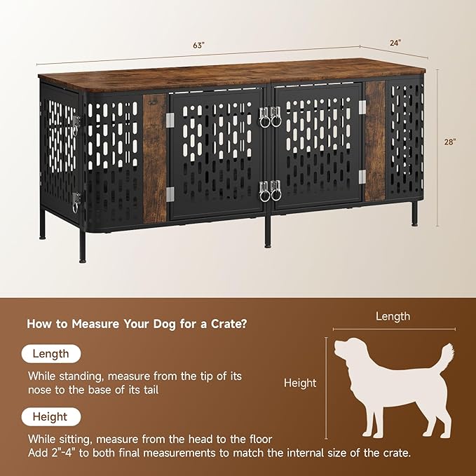 ONBRILL 63" Double Dog Crate Furniture for 2 Dogs, Heavy Duty Dog Crates with Divider for High Anxiety Dog, Escape Proof Pet Cage, Dog Kennel Furniture Indoor as TV Stand for Medium Large Dogs,Brown