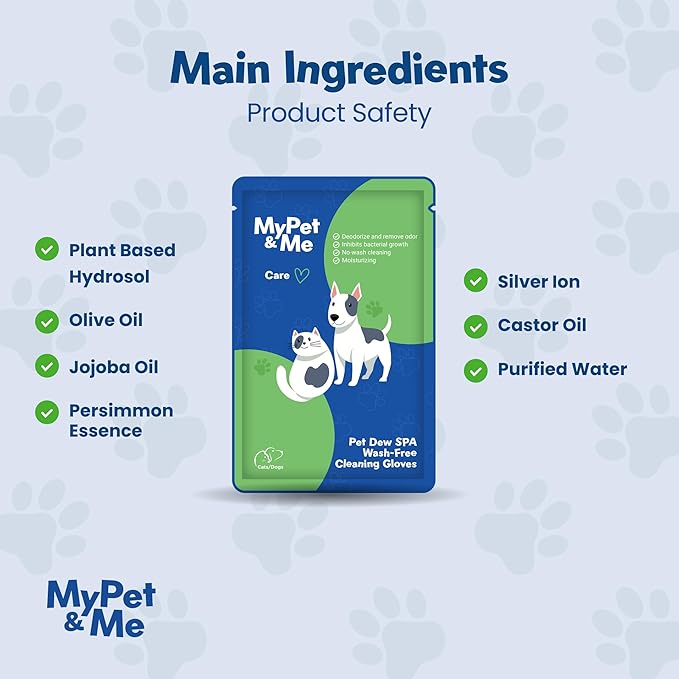 My Pet & Me - No-Rinse Cleaning Gloves for Dogs & Cats - 6 Count | Deodorizing & Moisturizing Pet Glove Wipes | Dog Washing Gloves for Easy Grooming | Paw Cleaner & Bath Gloves for Pets