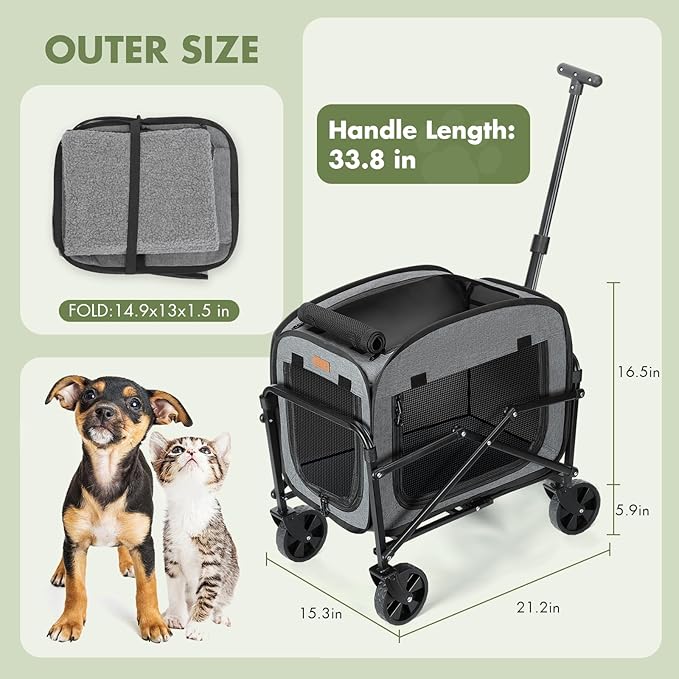Lekereise Extra Large Pet Carrier with Wheels – Soft-Sided Foldable Rolling Cat Carriers for 2 Small Cats or Medium Large Dog Under 30lbs, Stable & Ventilated Travel Crate for Camping Outdoor, Grey