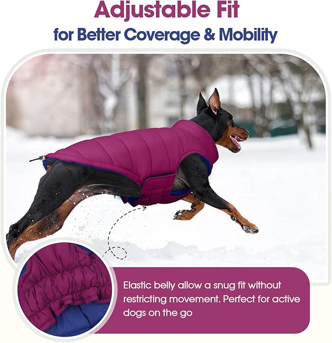 QBLEEV Reversible Dog Winter Coat, Warm Snowproof Dog Puffer Jacket for Large Dogs Cold Weather, Windproof Lightweight Padded Vest Snowsuit, 2-in-1 Adjustable Outdoor Clothes for Boxer, Violet, XXL