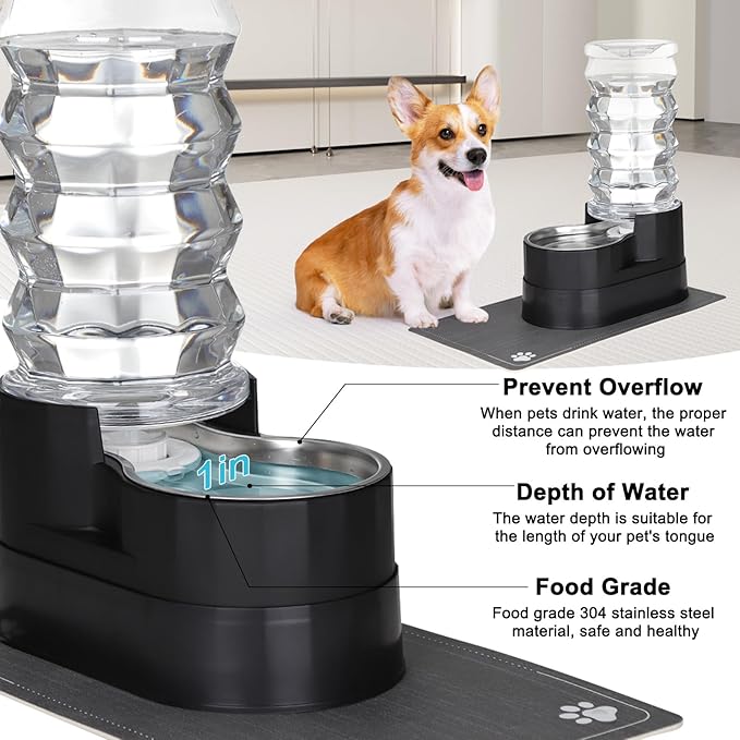 RIZZARI Large Water Dispenser for Dogs: 8L Gravity Black Automatic Stainless Steel Waterer - 100% BPA Free - Raised Pet Feeder for 20-42 LB Senior Dogs with Joint Pain in Bedroom Garden