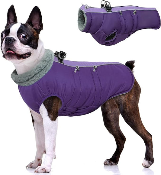 IDOMIK Warm Dog Coat with Harness, Waterproof Reflective Dog Jackets for Small Medium Large Dogs, Fleece High Collar Winter Jacket with Zipper, Pet Winter Snowsuit Clothes for Cold Weather,Purple S