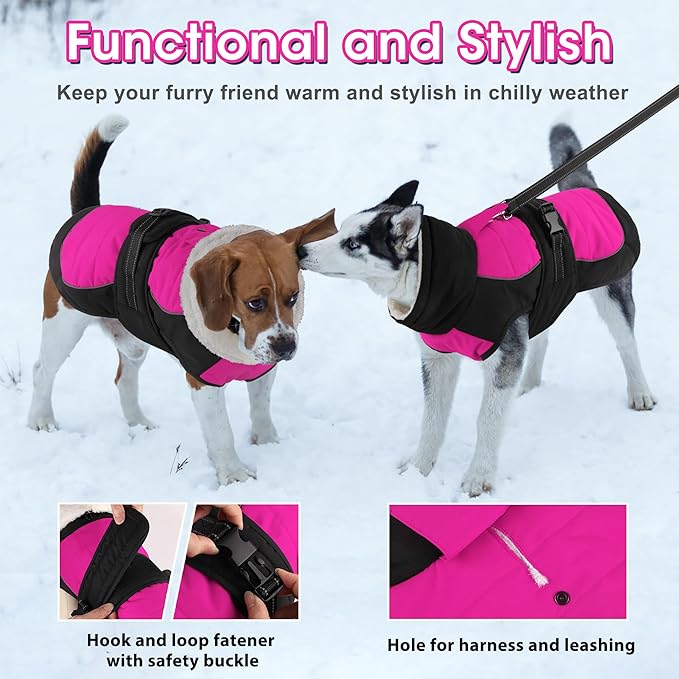 Dogcheer Waterproof Dog Coat, Christmas Dog Winter Jacket, Adjustable Puppy Fleece Coat for Cold Weather, Reflective Turtleneck Snow Jacket for Small Medium Large Dogs - Pink, XL