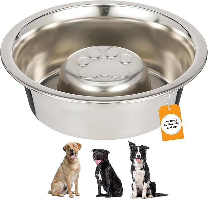 Neater Pet Brands Stainless Steel Slow Feed Dog Bowl for Fast Eating Large Breed, Metal Slow Feeder Dog Bowl Fits in Large Neater Feeders, for Puppy or Dogs (>40 lbs), 3 Cup Food Capacity