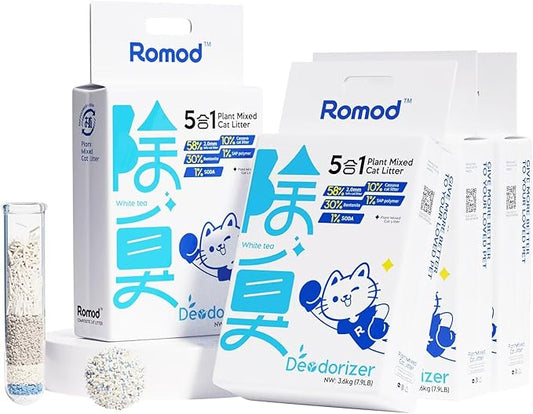 4Bags 5-in-1 Tofu Cat Litter, Mixed Cassava, Bentonite, Baking Soda, SAP, Natural Plant, Fast Clumping, Strong Water Adsorption & Deodorization, No Tracking, Dust-Free, Flushable, (7.9lbs x 4)