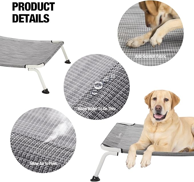 Veehoo Elevated Dog Bed for Outdoor, Cooling Waterproof Raised Dog Cots Beds for Medium Dogs, Curved Off Ground Pet Hammock Cot Lifted for Outside, up to 65lbs, White Legs, Black Silver 32"