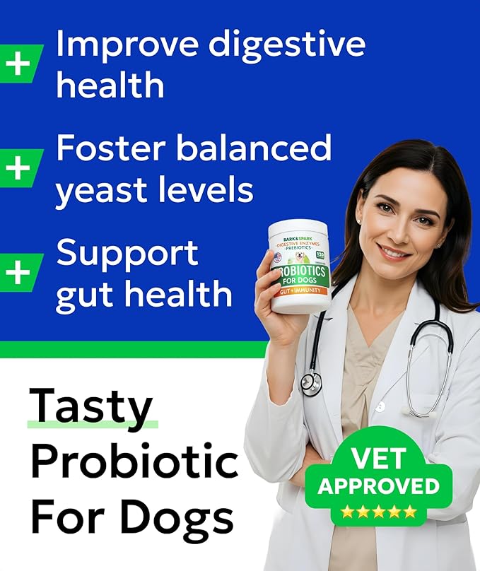 BARK&SPARK Probiotics for Dogs Digestive Health w/Enzymes - Diarrhea Gas Treatment Upset Stomach Relief - Allergy & Itchy Skin - Pet Dogs Probiotics - Digestion Supplement Treat (120Ct Chicken)