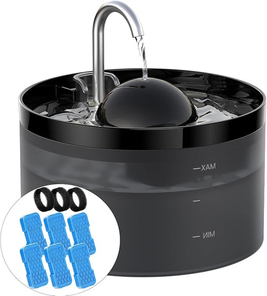 Cat Water Fountain + 6 Filters + 3 Sponges, Pet Water Fountain with Ultra Silent Pump, Activated Carbon Filter Keep The Water Clean, 2.2L Capacity, Faucet Design, Anti Sputtering