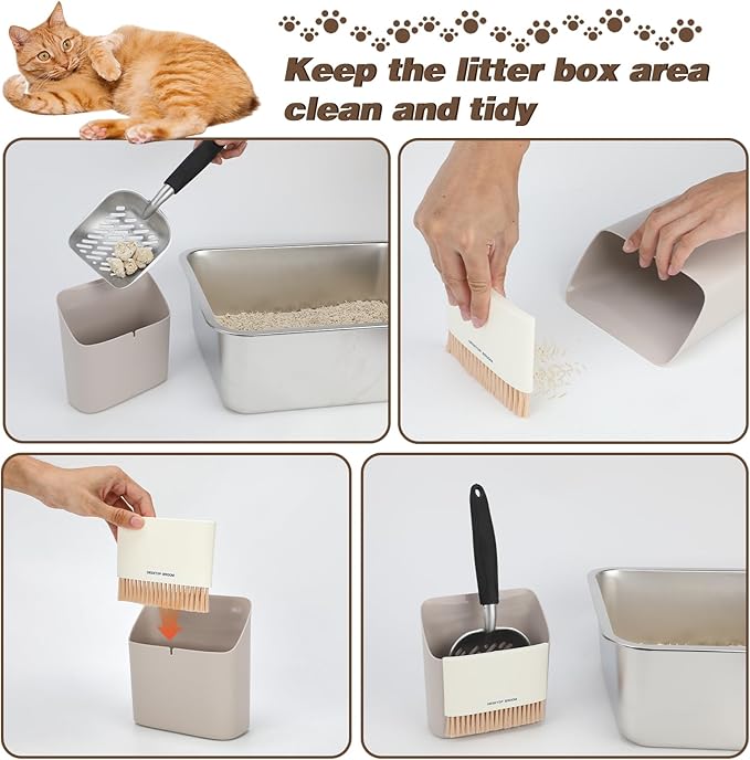 4 in 1 Wall-Mounted Litter Box Organizer Cleanup Kit, Metal Cat Litter Scoop with Holder Mini Broom, Litter Scooper with Dustpan Cat Caddy, Aluminum Poop Sifting Kitty Shovel Capture Clump