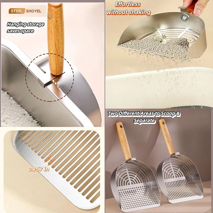 Heavy Duty Aluminum Alloy Cat Litter Scoop with Stand | Beech Wood Grip + Long Handle for Comfort | Deep Sifter for Fast, Efficient Poop/Litter Cleaning | Durable for Litter Box (Round Hole Row)