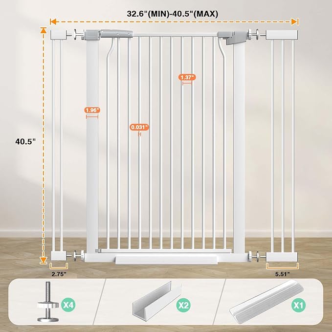 40.5" Extra Tall Baby Gate for Stairs No Drill, 32.6"-40.5" Extra Wide Dog Gate Indoor, Pressure Mounted Metal Safety Child Gate, Cat Puppy Pet Gate for House Doorways Walk Thru, White