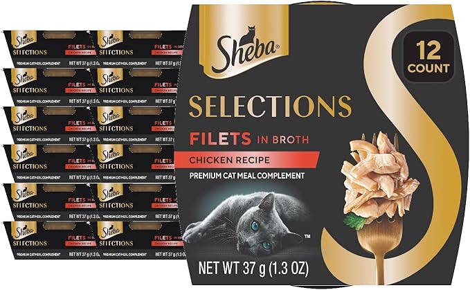 Sheba Selections Filets in Broth Adult Wet Cat Meal Complement Chicken Recipe, 1.3 oz. Cups, 12 Count