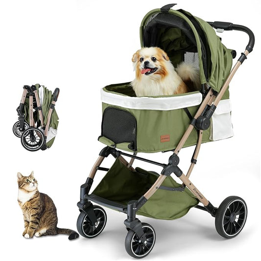 EchoSmile Small Medium Dogs Stroller 4-Wheel Pet Strollers for Medium Dogs Up to 50lbs, One Click Folding Large Cat Stroller, Reversible Handle, Shock Absorbing Wheels, Removable Washable Pad, Green