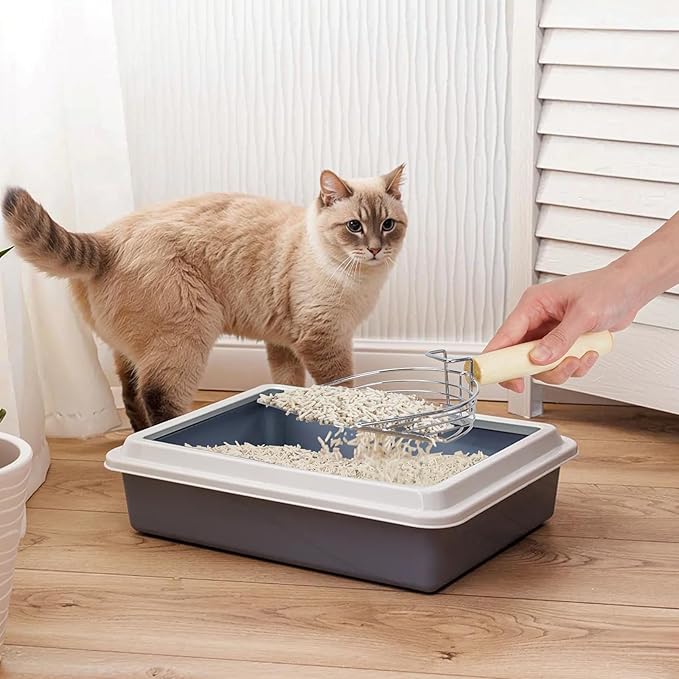 Ownpets Iron Metal Cat Litter Scoop, Heavy Duty Kitty Litter Scooper & Speed Sifter to Catch Small & Large Clumps, with Eucalyptus Wood Handle, Non-Stick Deep Shovel for Effective cleanup