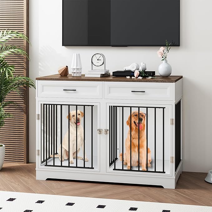 Dog Crate Furniture 47" Wooden Dog Kennels for Dogs Indoor with a Removable Divider for Large/Medium/Small Dogs, 2 Storage Drawers and Large Tabletop Dog Cages Double Doors Dog House, White