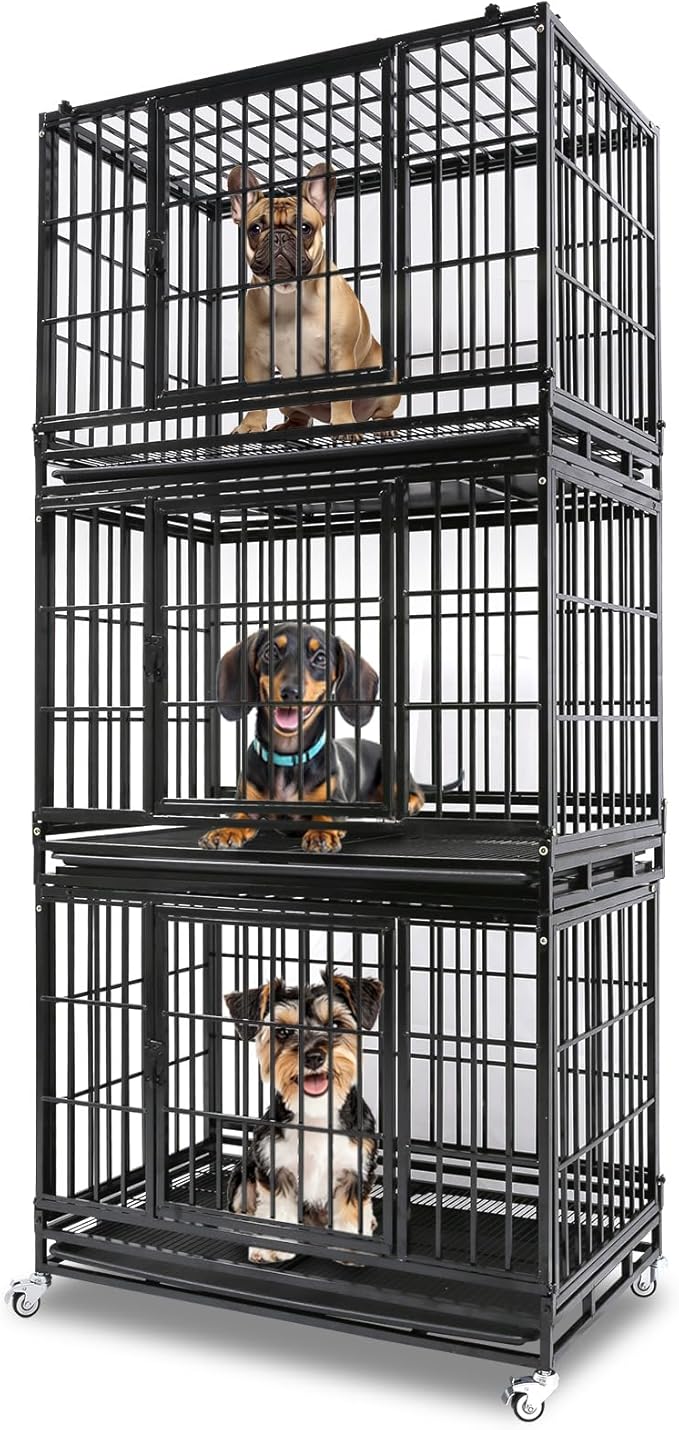 Homey Pet 37 Inch Heavy Duty Dog Crate Indestructible, Collapsible Dog Cage with Lockable Wheels, Removable Tray, High Anxiety Dog Kennel Indoor, Three Tiers Stackable Dog Crates for Medium Dogs
