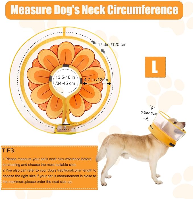Inflatable Dog Cone Collar with Enhanced Anti-Licking, Soft Neck Donut for Dogs Cats, Recovery Pet Cone Collar After Surgery for Large Medium Small Dogs (Yellow Flower, Large)
