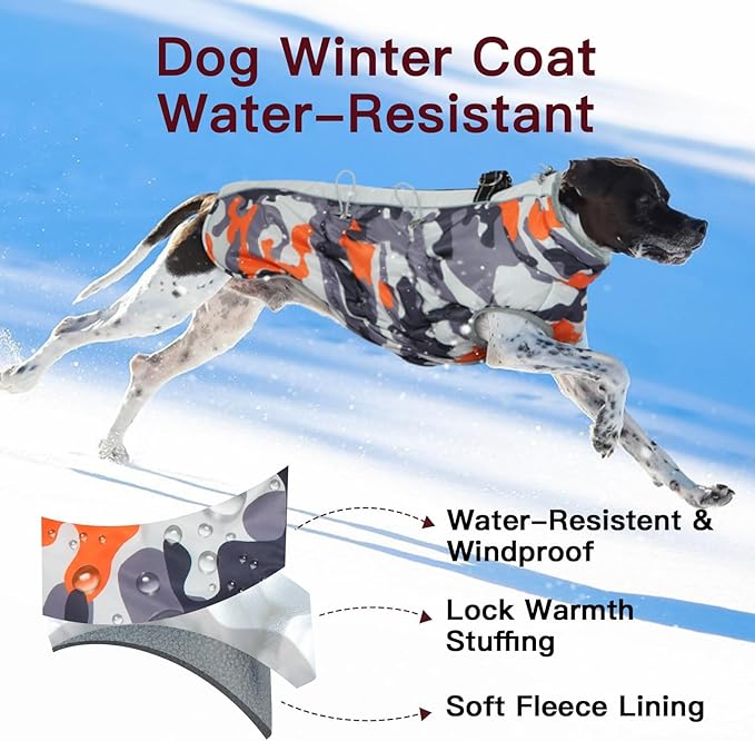 Dog Coat Dog Winter Jacke XX Large Warm Dog Coat Zip Up Snowsuit Dog Harness Vest Reflective Water-Resistant Dog Coat Dog Snow Jacket for Large Dogs Border Collie, Pit Bull, Orange-Camouflage