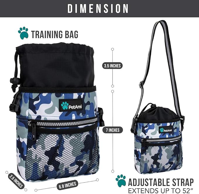 PetAmi Dog Treat Pouch, Pet Treat Pouch for Training, Dog Walking Bag Holder for Kibbles, Pet Food Toy, Dog Trainer Essentials Supplies, Poop Bag Dispenser, 3 Ways to Wear (Camo Blue)