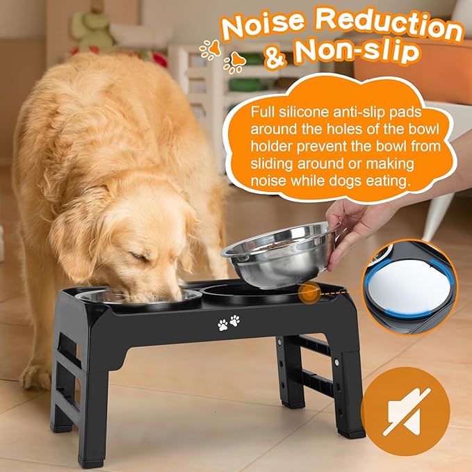 COMESOON Elevated Dog Bowls, 4 Height Adjustable Raised Bowl Stand with 2 Thick 50oz Stainless Steel Food Bowls Non-Slip Feeder Adjusts to 3.7'', 9.2'', 10.75'', 12.36'' Black, (DB-W01)