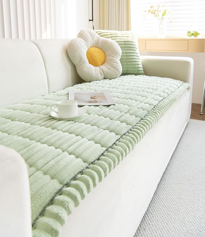 Faux Fur Plush Dog Couch Cover 3D Stripe Fuzzy Sofa Cover Non-Slip Fluffy Dog Bed Cover Pet Blanket Sofa Couch Furniture Protector for Puppy Large Dog Cat (Green,35"x82")