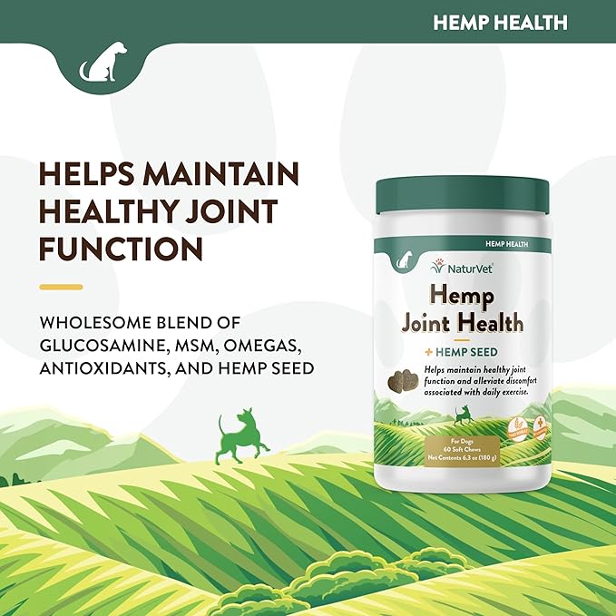 NaturVet Hemp Joint Health, Joint Care Support Supplement for Dogs, Soft Chews, 60ct Made in The USA