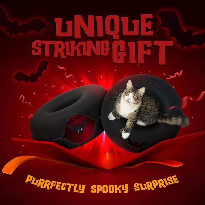 Cattasaurus Halloween Peekaboo Cat Cave, Extra Spacious for Multiple & Large Cats 15+ lbs, Scratch Detachable Cat Beds for Indoor Cats, Washable Tunnel Bed, Comfy Cat Donut Tunnel (Gothic Bat, Jumbo)