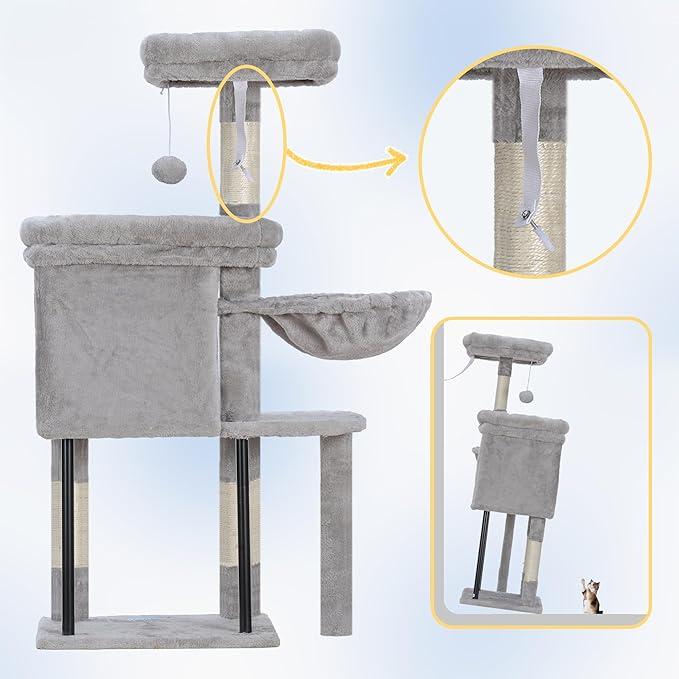 Hey-brother Cat Tree Tower, Scratching Posts with Cozy Condo, Padded Bed, Hammock, Plush Perch, Sisal Post and Ball for Indoor Kittens, 44.9 Inches, Light Gray MPJ009SW