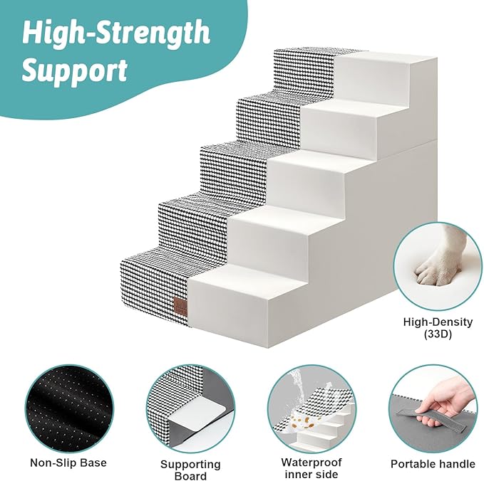 Dog Stairs for Small Dogs, 5 Tier Removable Wider Pet Stairs for Couch and Bed, 23.6" H Non-Slip Dog Steps for Puppies and Old Cats with Support Board, 19.7x29.5x23.6 inch, White Black