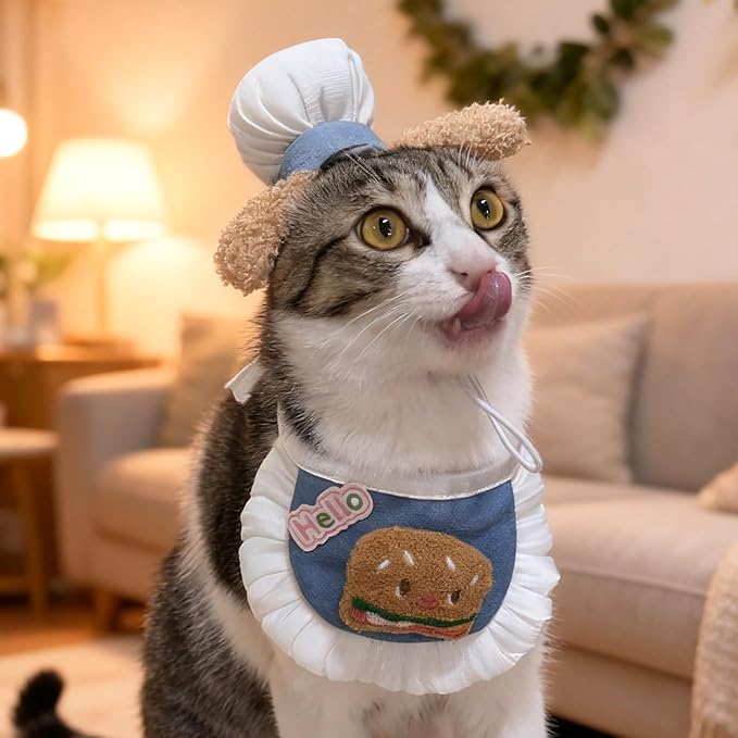 HOWWFALY Cat Halloween Costumes Pet Chef Hat &Hamburger Bib Costume Set, Funny Holiday Cooking Outfit for Small Medium Cats Pets